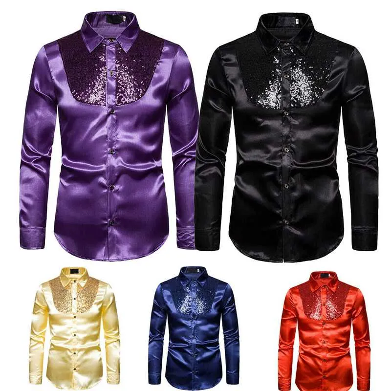 Formal masculino festa smoking camisas bola fina casamento seda-como cetim manga longa camisas de vestido masculino roupas de outono topos lantejoulas shirt326s