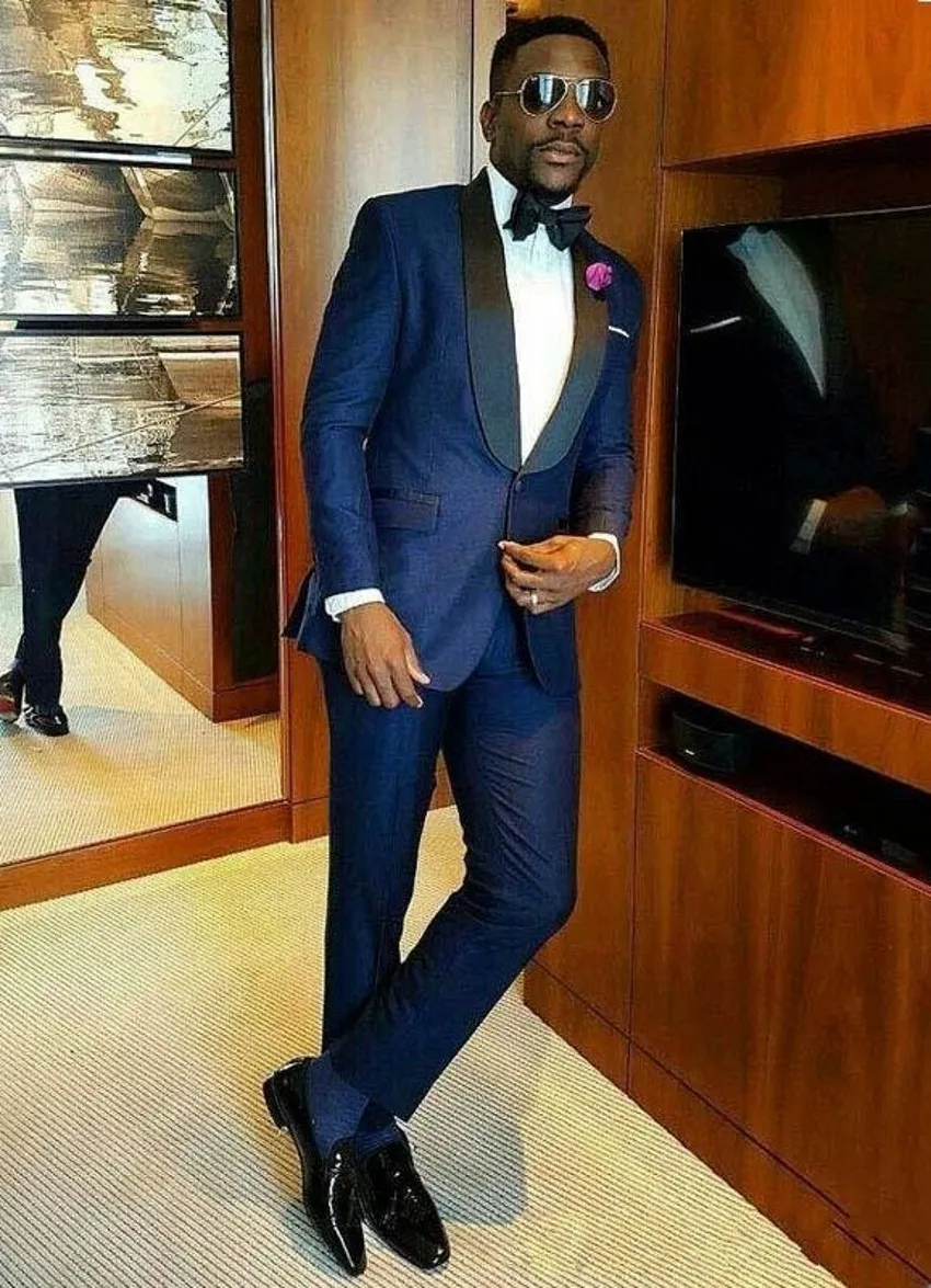 Navy Blue Groom Tuxedos Black Shawl Lapel Groomsmen Wedding Tuxedos Excellent Men Formal Dinner Party Prom Blazer Suit(Jacket+Pants+Tie)121