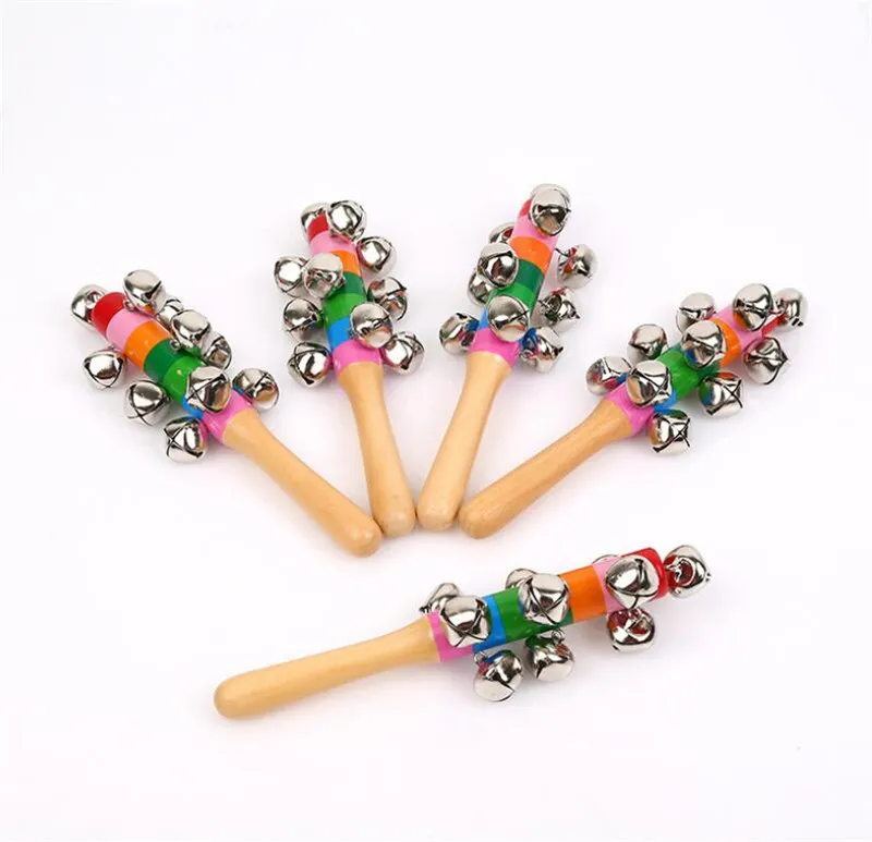 Bastone di legno Nuovo stile Jingle Bells Arcobaleno Stretta di mano Suono Campana Sonagli Giocattolo educativo per bambini 18 cm DA096