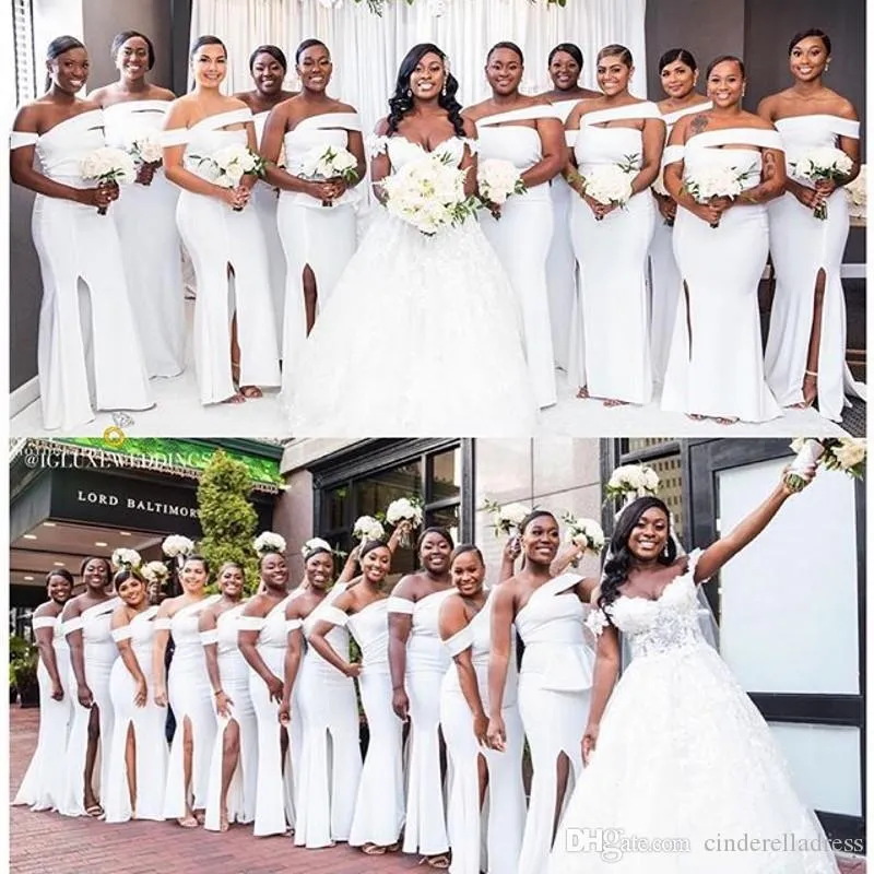 Sexiga African Bridesmaid Dresses Off Shoulder High Side Split Wedding Guest Dress Maid of Honor Party Gowns Robes de Demoiselle d'Honneur