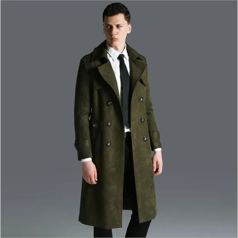 Men's Super Long Trench Coat: Spring Autumn Fashion Overcoat European  Style Army Green, Gray Black Windbreaker, Premium Deer Suede Garment
