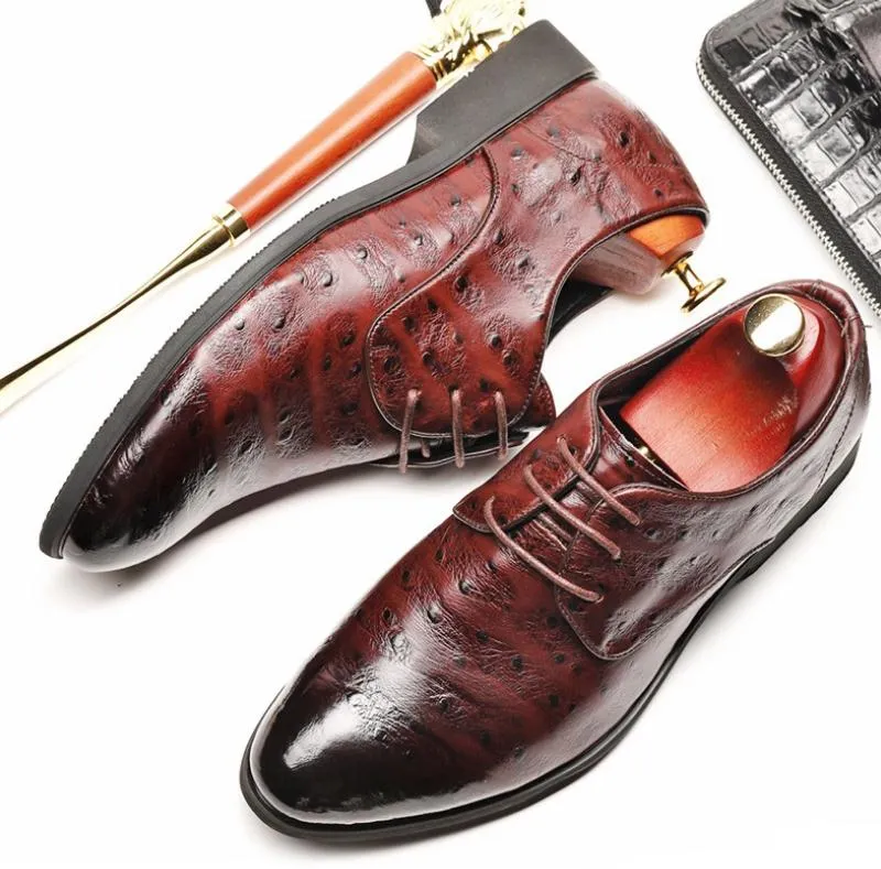 Mens Genuine Leather Ostrich Pattern Derby Mens Dress Shoes For Formal