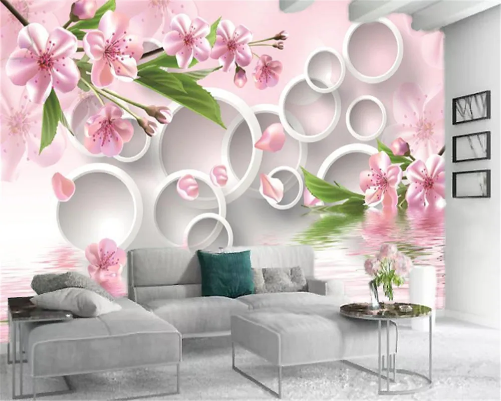 Carta da parati moderna 3d Cerchio bianco Fiore rosa Superficie del lago Decorazioni per la casa Soggiorno Camera da letto Rivestimento murale Carta da parati HD