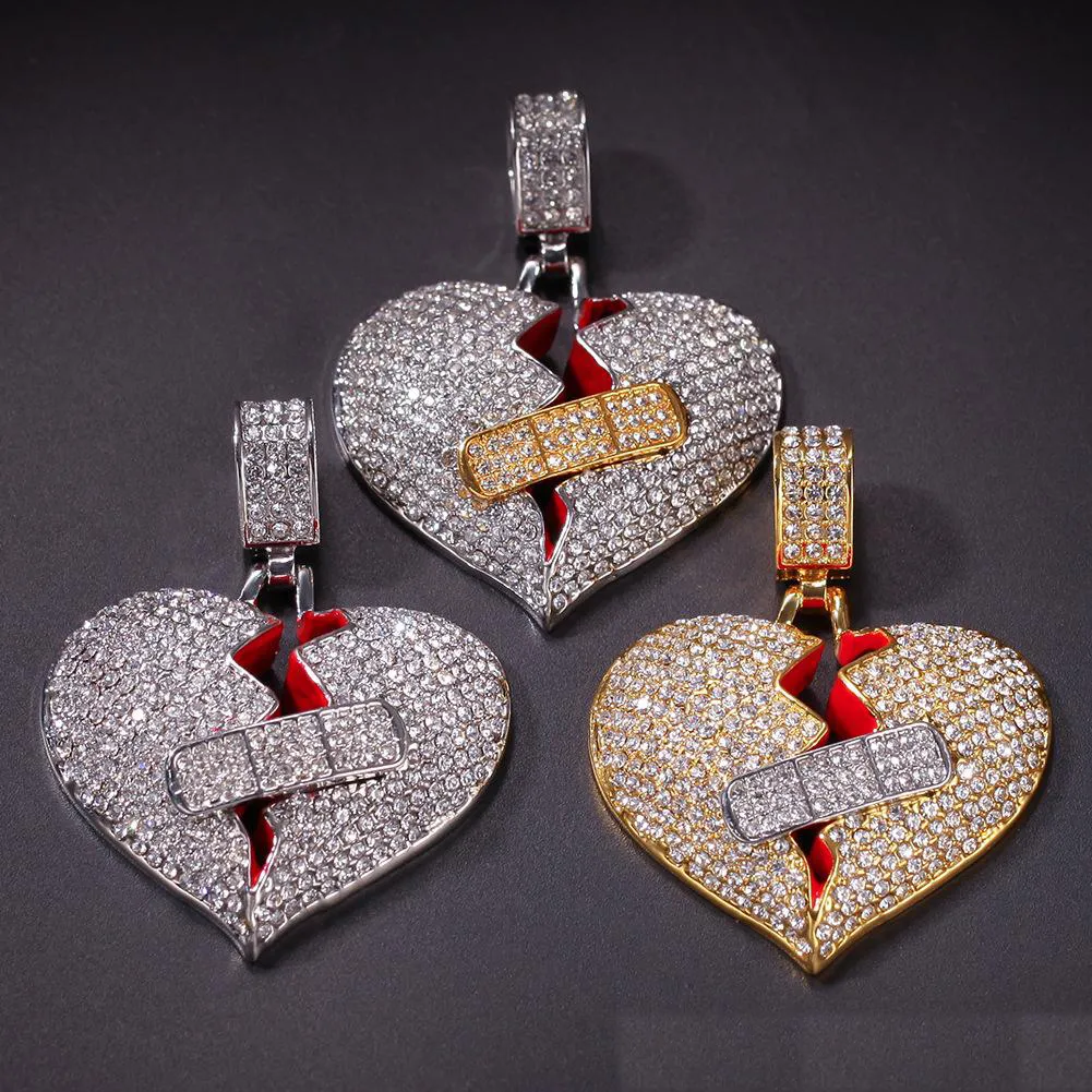 Broken Bandage Heart Necklace, Iced Out Crystal Love Pendant, Gold