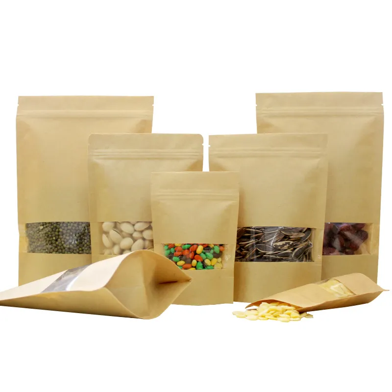 Bolsa de papel Kraft con ventana Bolsas de pie Bolsas para regalo Bolsas de embalaje de té de frutas y alimentos secos Bolsas de almacenamiento de alimentos para productos de embalaje