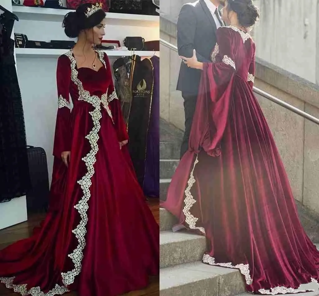 Arábia árabe Caftan Vestidos de noite com mangas compridas Burgundy Médio Oriente Design Uma linha Velvet Prom vestidos de festa muçulmana cabido Vestidos 2019