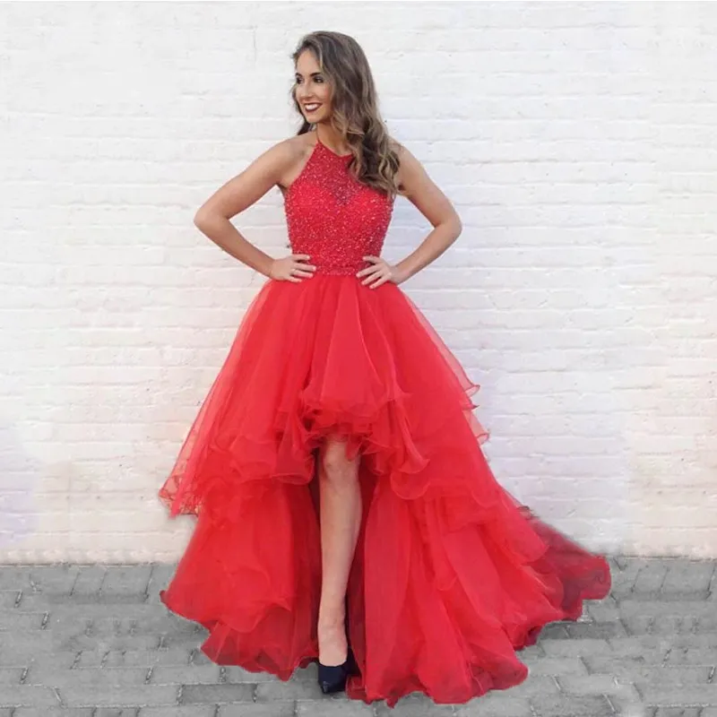 Red Asymmetrical Train New Prom Dresses Halter Top Beaded Organza Ruffle Special Occasion Dress Formal Elegant Evening Gowns 2019 Custom From 83 26 DHgate