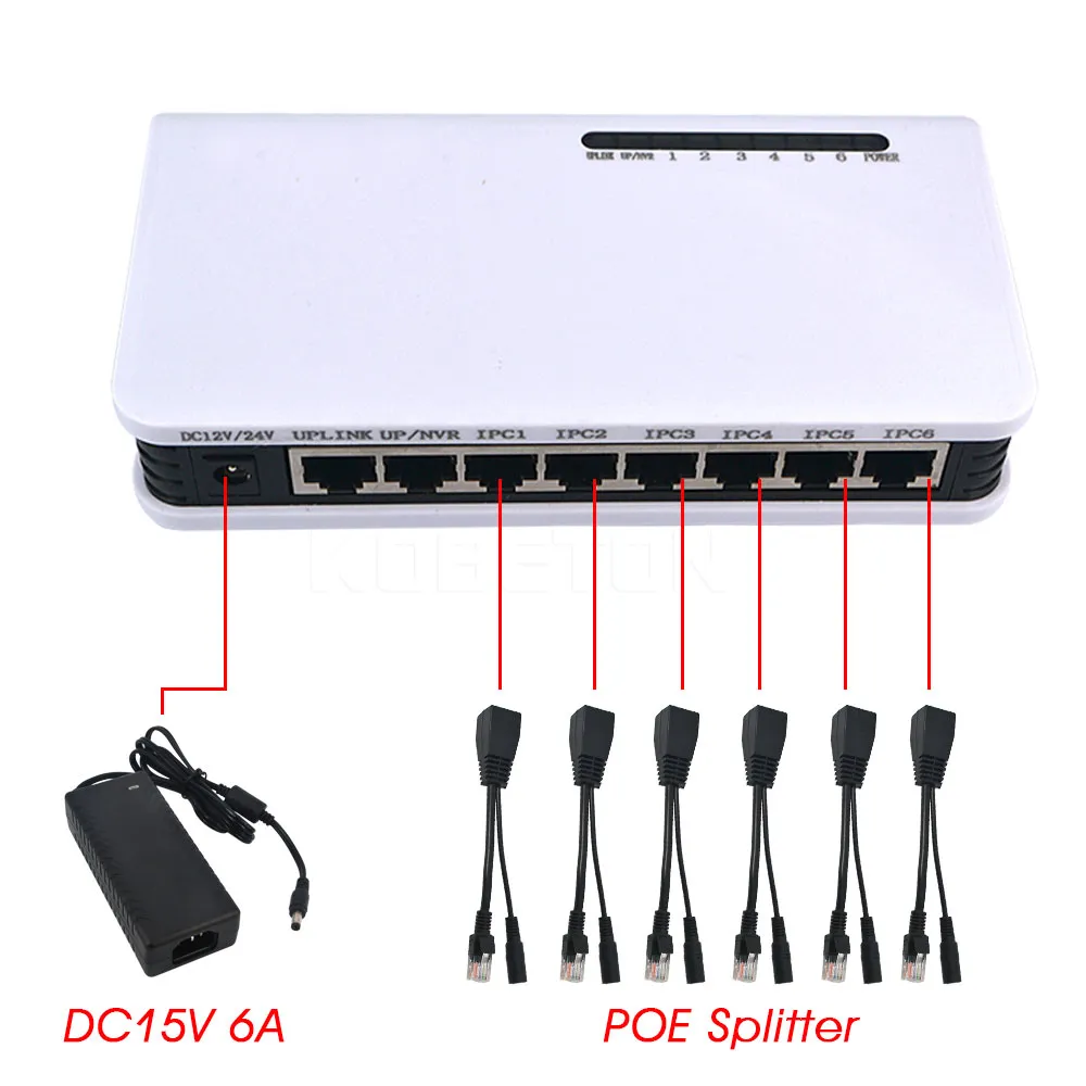 Freeshipping Ethernet Switch Network 6 Ports S PoE-switch + 2 poorten DC Desktop IP-camera's Powered PoE-adapter Werk met PoE Splitter