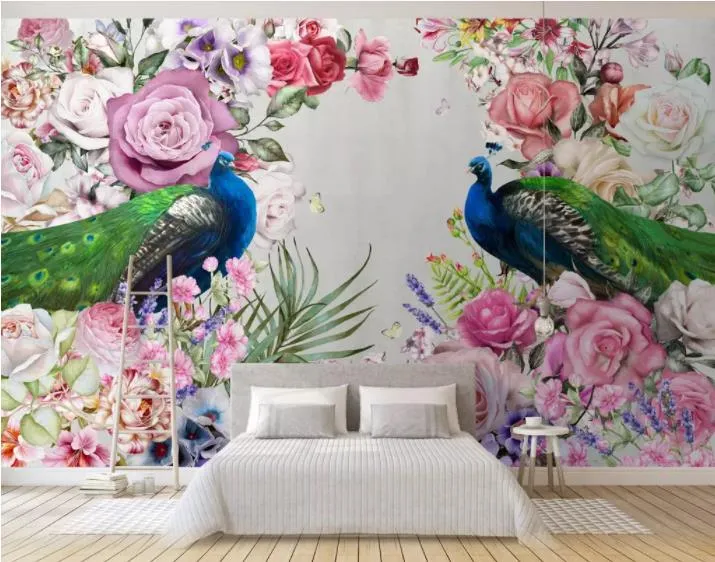 3d papel de parede personalizado mural de seda adesivo de parede 3 d moda parede configuração TV arte moderna desenhadas mão pavão flores foto 3d murais de parede papel de parede