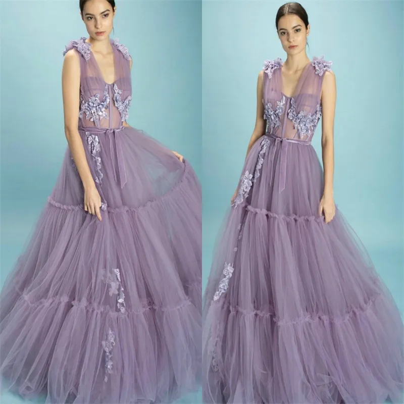 Elegant A-line Evening Dresses Sleeveless Appliqued Hand Made Flower Beaded Prom Dress Custom Made Tiered Tulle Sweep Train Party Dress