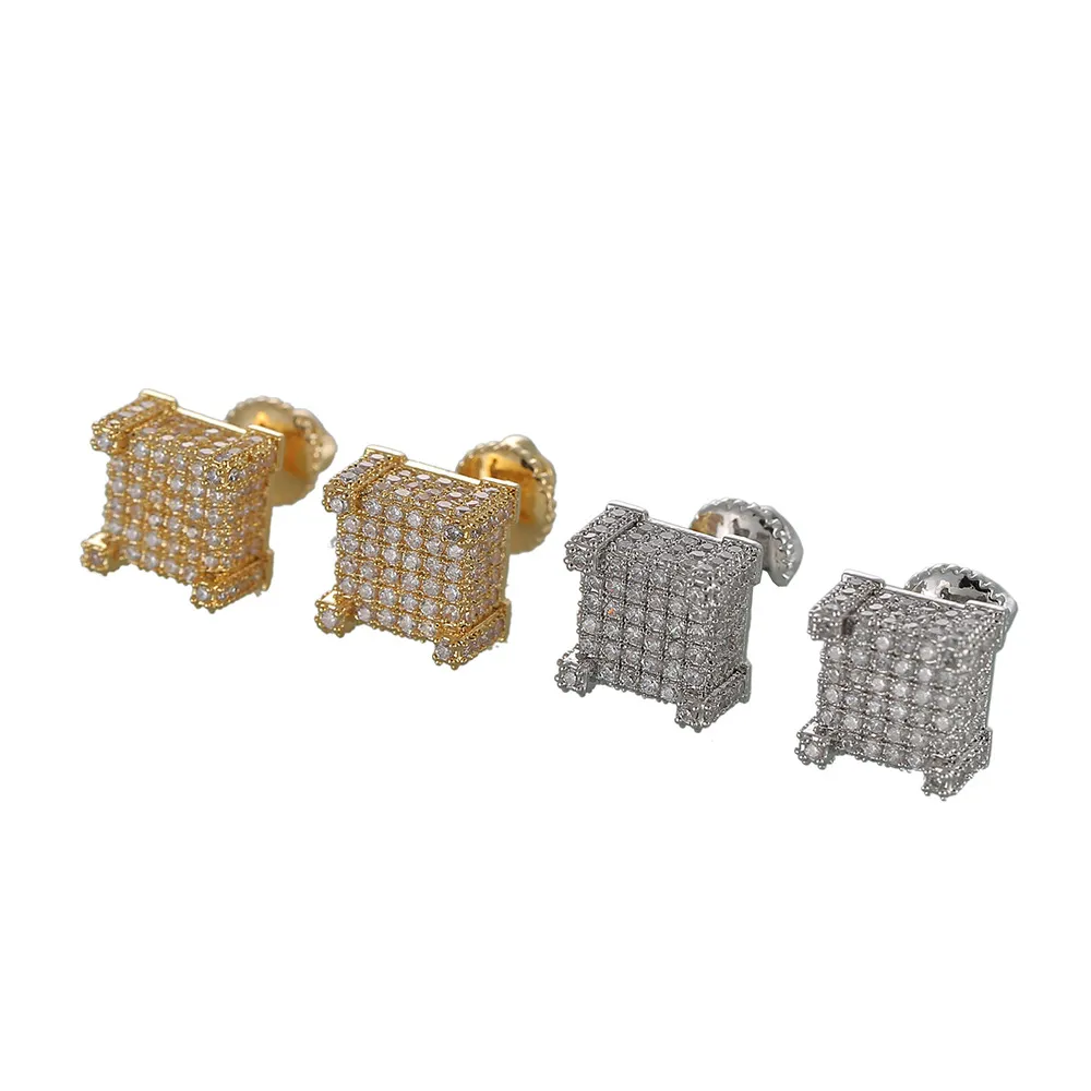 Mens Hip Hop CZ Square Stud Earrings Gold/Silver Iced Out