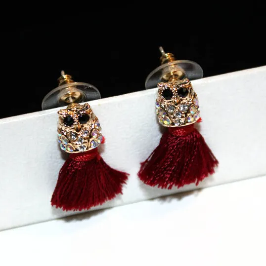 Partihandel-Fashion Luxury Designer Glittering Söt härlig Diamond Owl Animal Tassel Stud Örhängen för Kvinna Tjejer