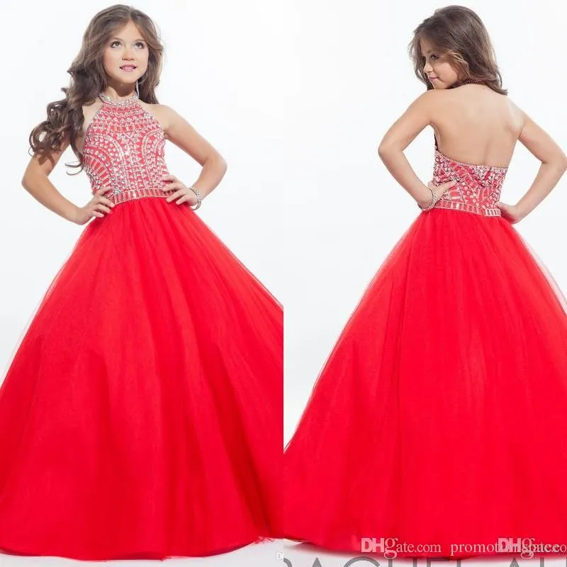 Rachel Allan 2019 Sparkly Girls Pageant Dresses for Teens Halter Tulle Floor Length Rhinestone Little Girls Prom Party Dresses