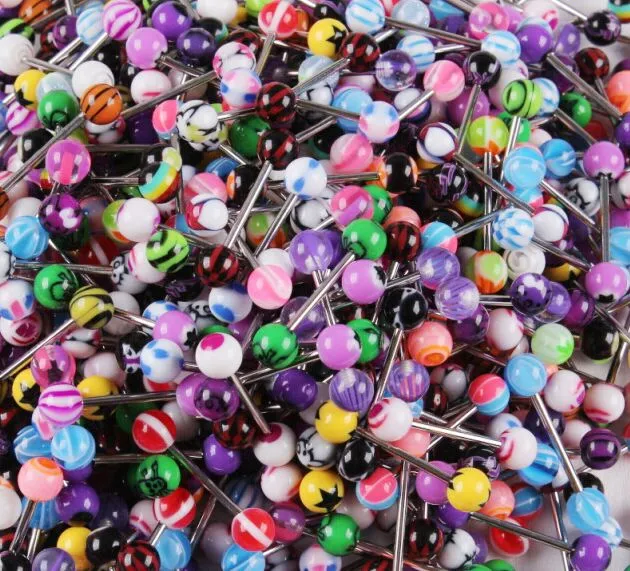 100 pcs Mixed Color Acrílico Língua Anel Do Parafuso Prisioneiro Para As Mulheres doce cor Piercing piercing na língua Anel Studs Barbell Jóias