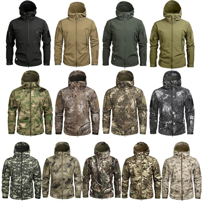 Giacca tattica in pile mimetico da uomo Giacca a vento Softshell impermeabile Giacca invernale con cappuccio Cappotto da caccia