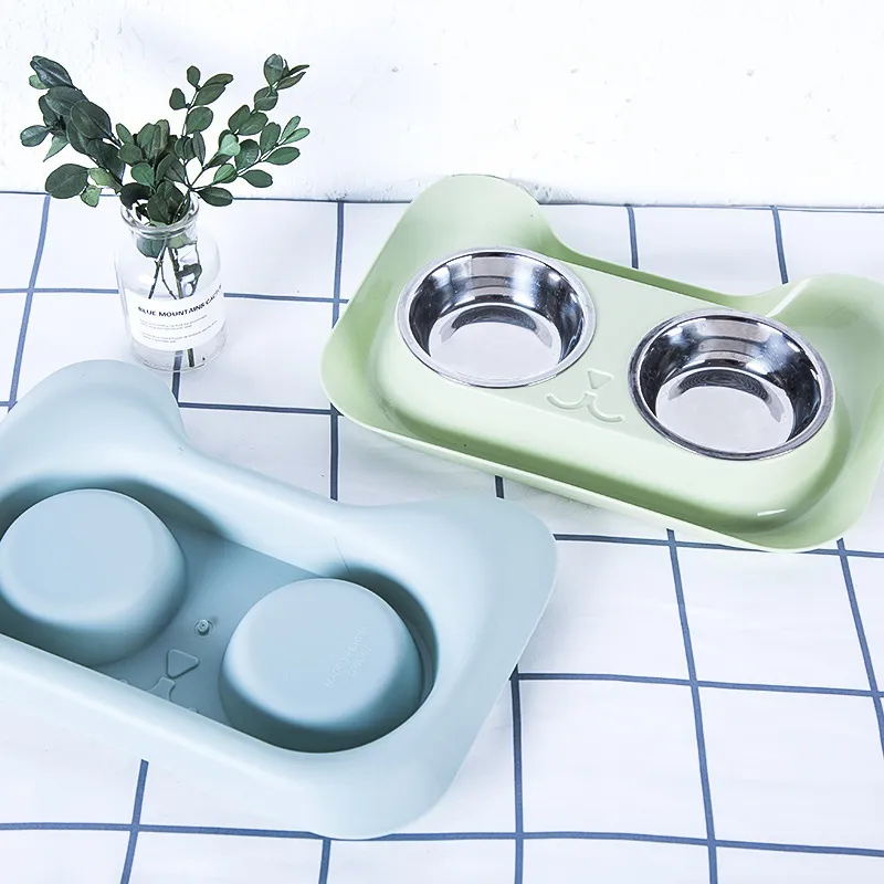 Cute Double Dog Cat Bowls Dog Bowls Stainless Steel Pet Food Water Feeder for Pets Puppy Small Medium Dogs Free shipping