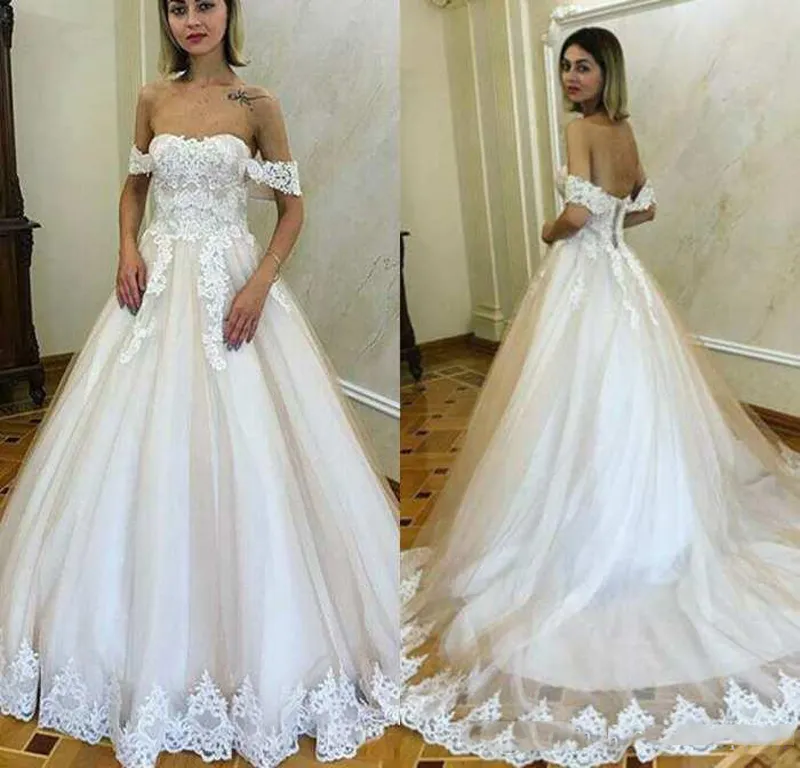 Suknie ślubne z koronki na ramię 2020 z aplikacjami dwukrotnie Tulle Lace Up Powrót Suknie ślubne Wedding Line