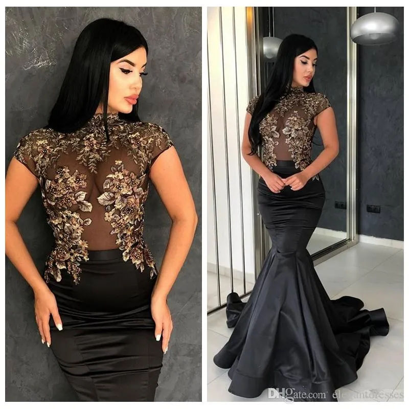 Dubai Arabic Short Sleeves Mermaid Prom Dresses High Neck Lace Appliques Formal Women Evening Party Gowns Long Elegant Dresses Wear Custom