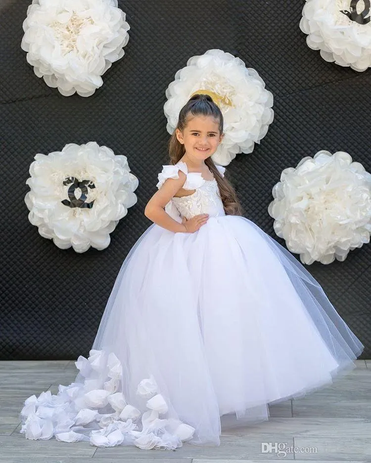 Abiti da ragazza di fiori per applicazioni di pizzo da sposa Maniche corte Abiti da spettacolo per ragazze Abito da ballo in tulle Abito da festa di compleanno per bambini