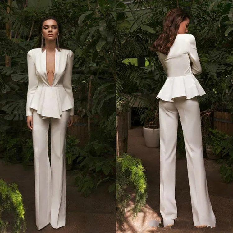 Chique Vrouwen Suits Avondjurken Sexy Deep V-hals Lange Mouw Pant Pak Prom Jurken Feestkleding