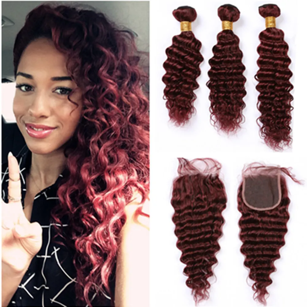 Deep Wave Peruvian Burgundy Human Hair Wefts with Closure #99J Wine Red Deep Wavy Human Hair Lace Front Closure 4x4 with Weave Bundles