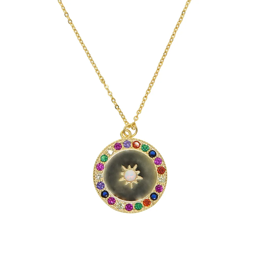 Latest chic gold coin pendant necklace for women ladies carve opal sun flower with rainbow CZ elegance nice jewelry party gifts