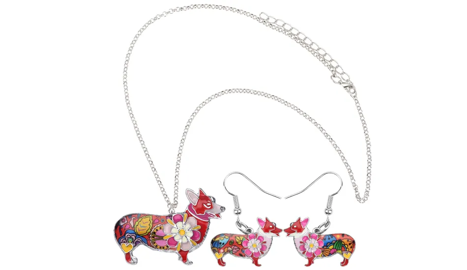 Bonsny Esmalte Liga Welsh Corgi Pembroke Dog Brincos Colar Collar Animal Bonito Conjuntos de Jóias Para As Mulheres Meninas Presente Dos Amantes Do Animal de Estimação