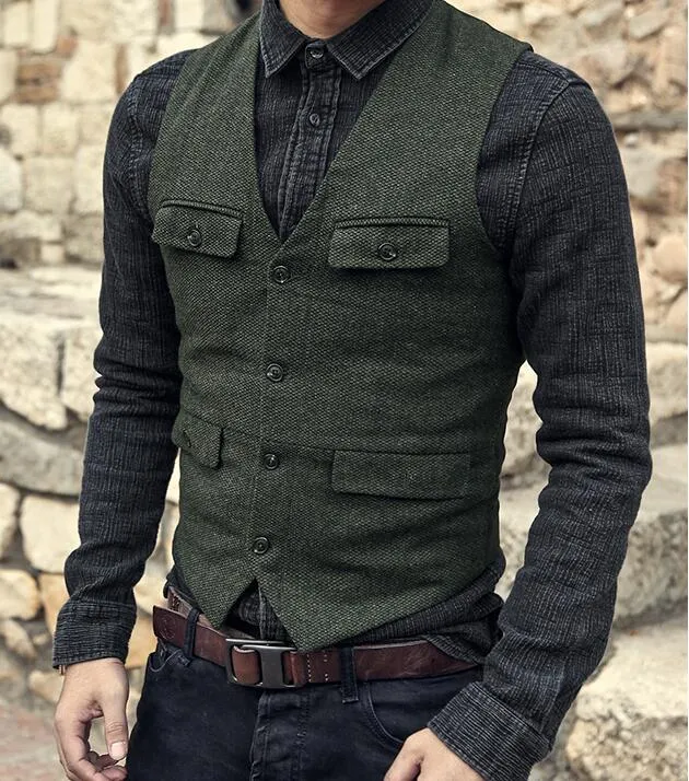 2021 Dark Green Groom Vests Country Wedding Wool Tweed Vest Slim