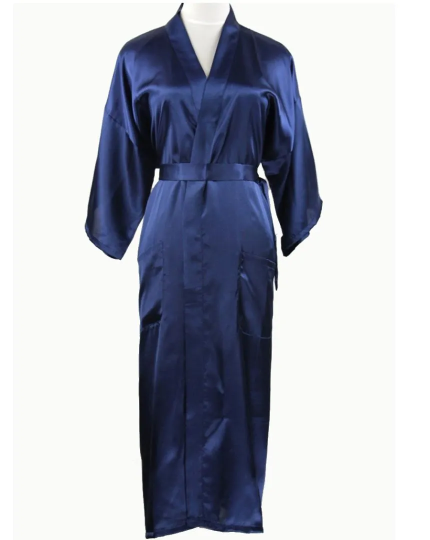 Navy Blue Chinese Men Silk Rayon Robe Summer Casual Sleepwear V-Neck Kimono Yukata Bath Gown Plus Size S M L XL XXL XXXL NM012