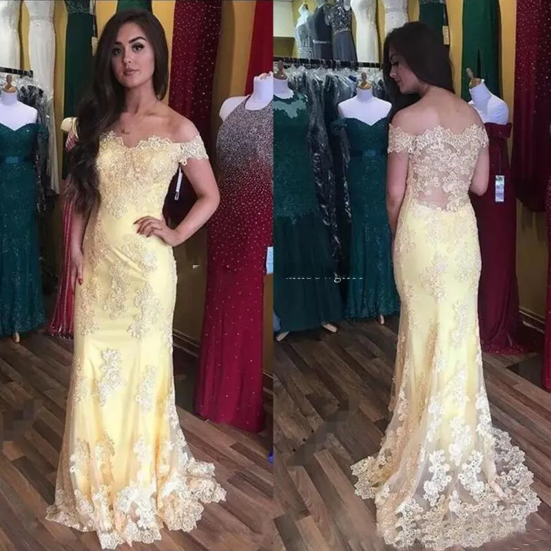 Robe de bal sirène en dentelle jaune, bon marché, longue, Sexy, épaules dénudées, manches courtes, dos transparent, robes de soirée