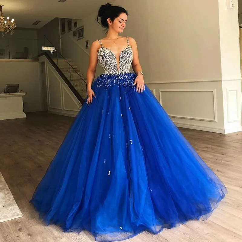 Royal Blue Prom Dresses Sexy Koraliki Cekiny Spaghetti Paski Suknie Balowe Dziewczyny Korant Dress Tulle Custom Made Homing Nosić suknie Graduation