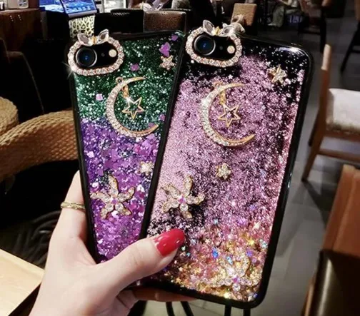 Custodie di lusso dinamiche con glitter liquido Star Quicksand Custodia con strass con diamanti 14promax 13promax 12promax e tutti i modelli Samsung con corda sospesa