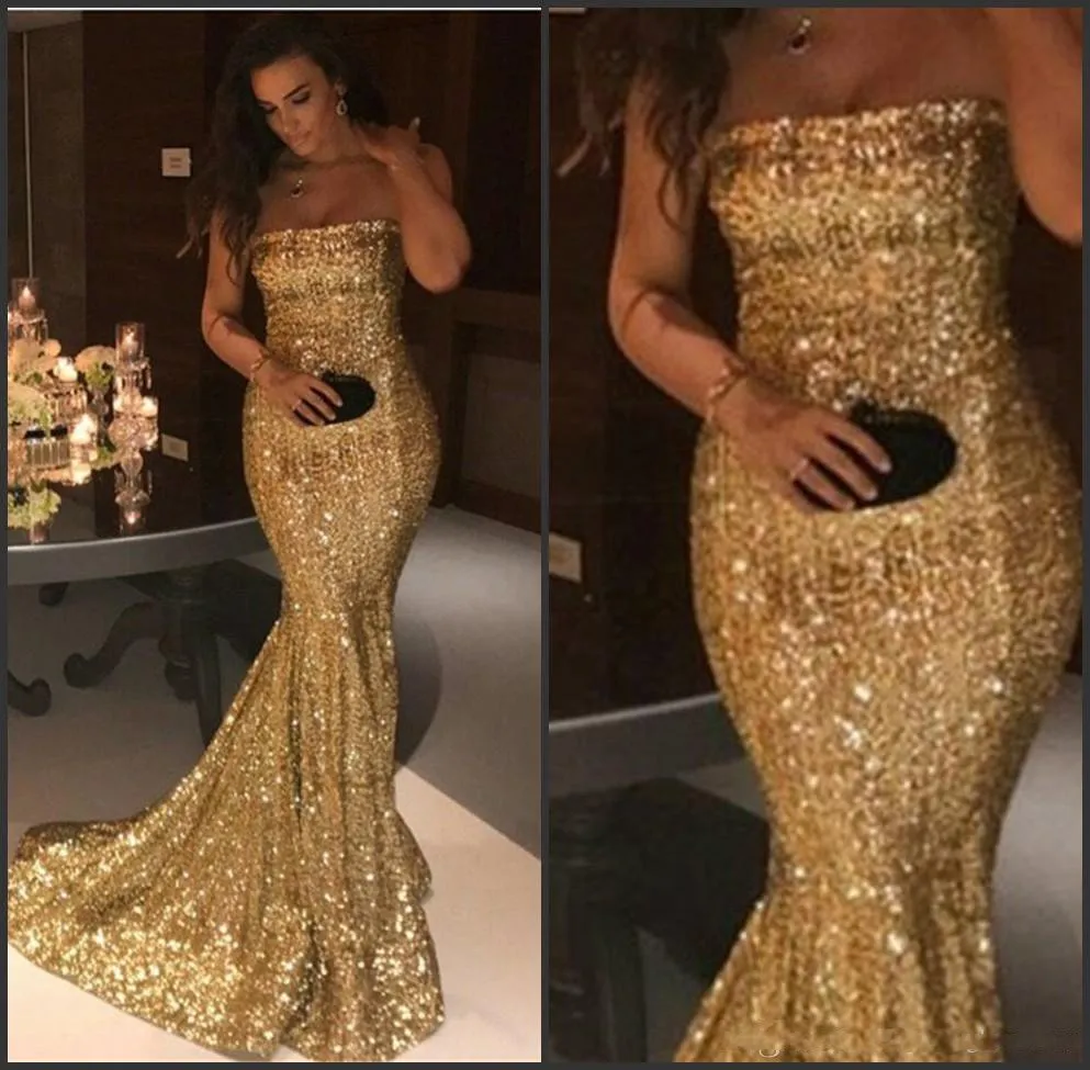 Sweep Train Slinky Elegant Strapless Sequin Gold Prom Dress Long Mermaid Evening Gown Best gold Night Dress Online Free Shipping