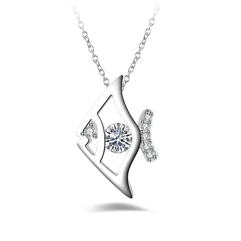 OMHXZJ Wholesale Chains Personality Fashion OL Woman Girl Party Gift Silver Fish Zircon 925 Sterling Silver Pendant Necklace NC105