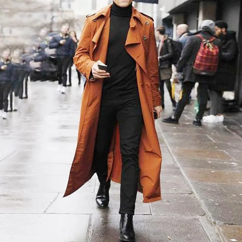 Trench Coat Pour Homme - Coupe Ajustée, Mi-long - Coupe-vent, Couleur Unie - Boutonnage Devant - Pour Automne/hiver Décontracté