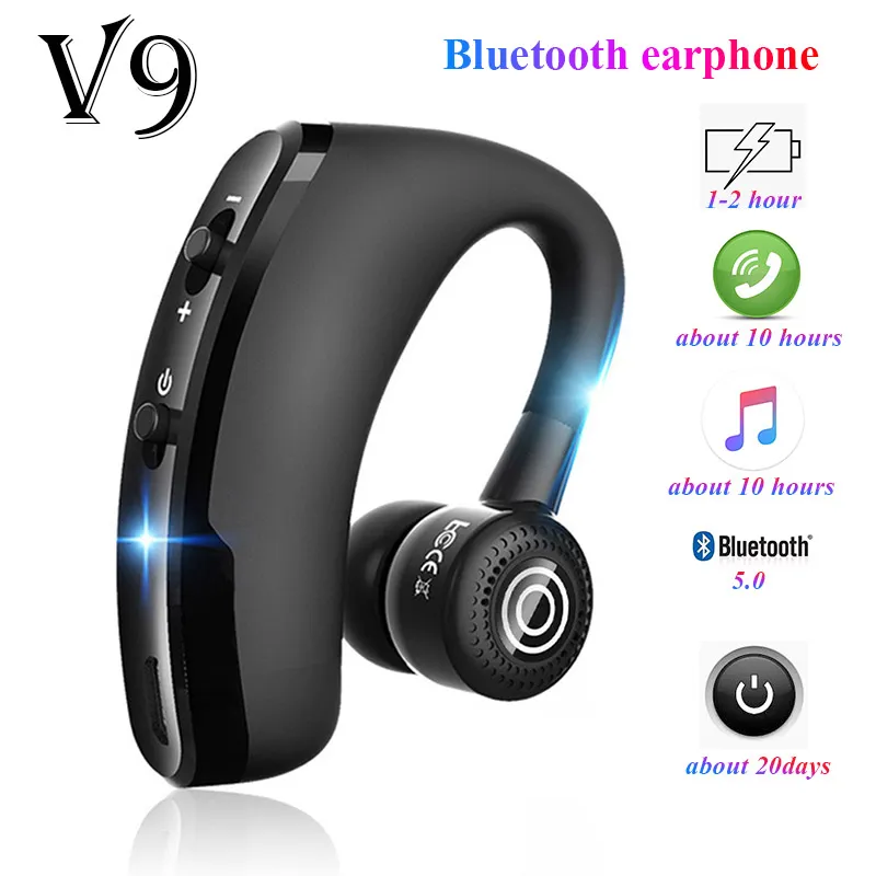 V9 Bezprzewodowe słuchawki Bluetooth Zestaw głośnomówiący Dźwig Wireless Wireless Headphone Call Sports Słuchawki do iPhone Samsung Huawei Xiaomi