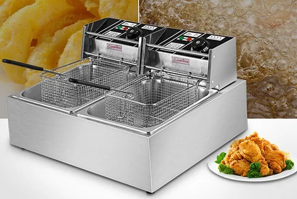 5.5L * 2 Elektrische Friteuse met dubbele mand zeef ASQ82 2500W friteuse voor kip garnalen frietjes roestvrijstalen koekenmachine