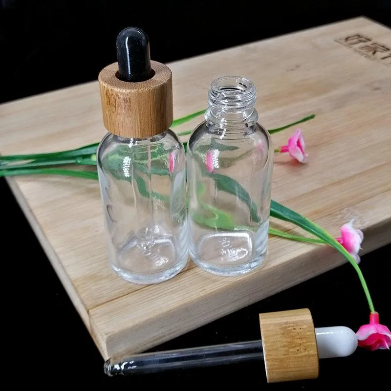 30ml Clear Glass Essential Olja Dropperflaska Kosmetisk pipettbehållare Förpackningsflaska Eco Friendly Wooden Bambu lock