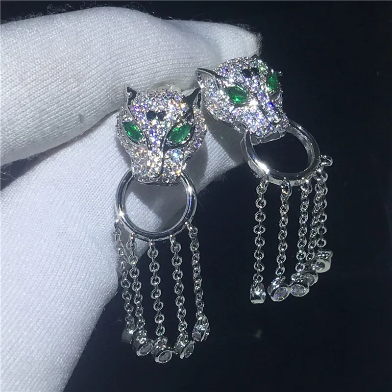 Vintage Leopard Kwastels Drop Earring 925 Sterling Zilver 5A Zirkoon CZ Party Bruiloft Dangle Oorbellen voor Vrouwen Bruids Sieraden