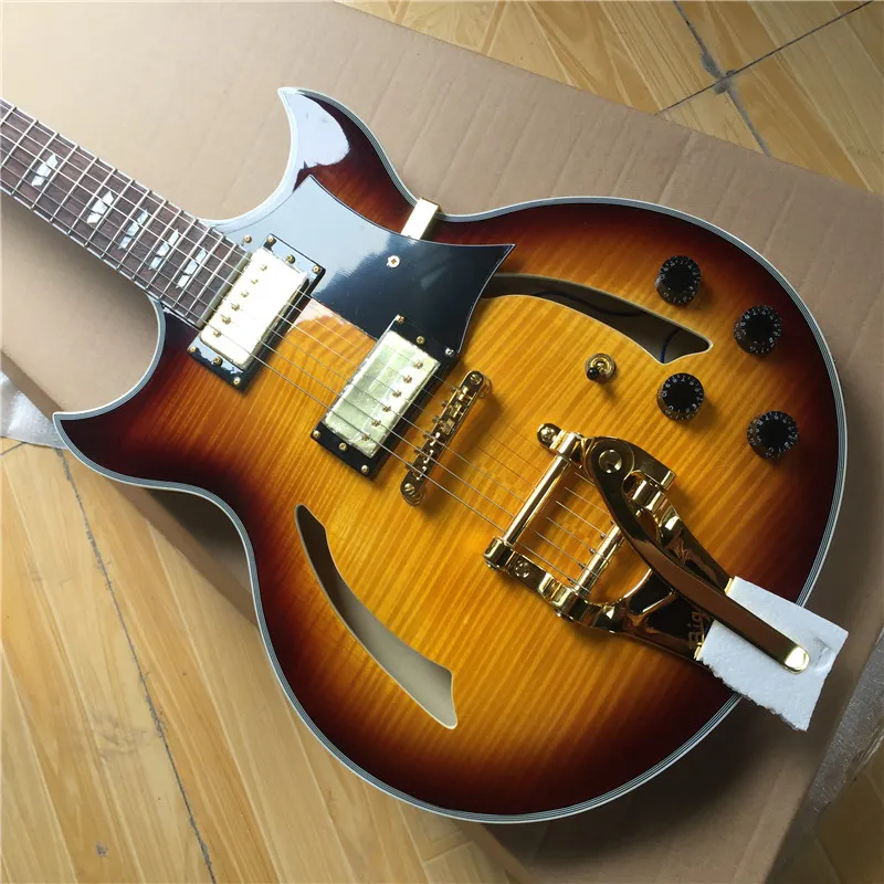 Gratis verzending handgemaakte Johnny A jazz elektrische gitaar, semi-holle body VOS sunburst kleur gitaar