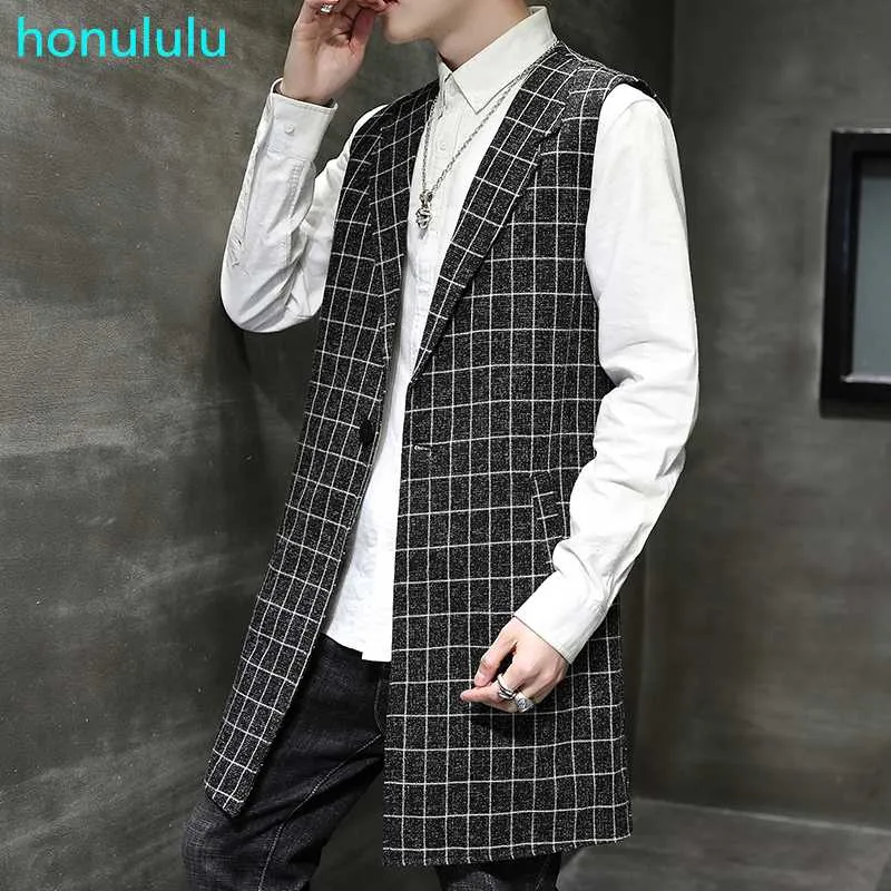 Vår och sommar Mäns Ärmlös Waistcoat Hair Stylist Long Windbreaker Men Koreansk Slim Tunn Handsome Vest Coat