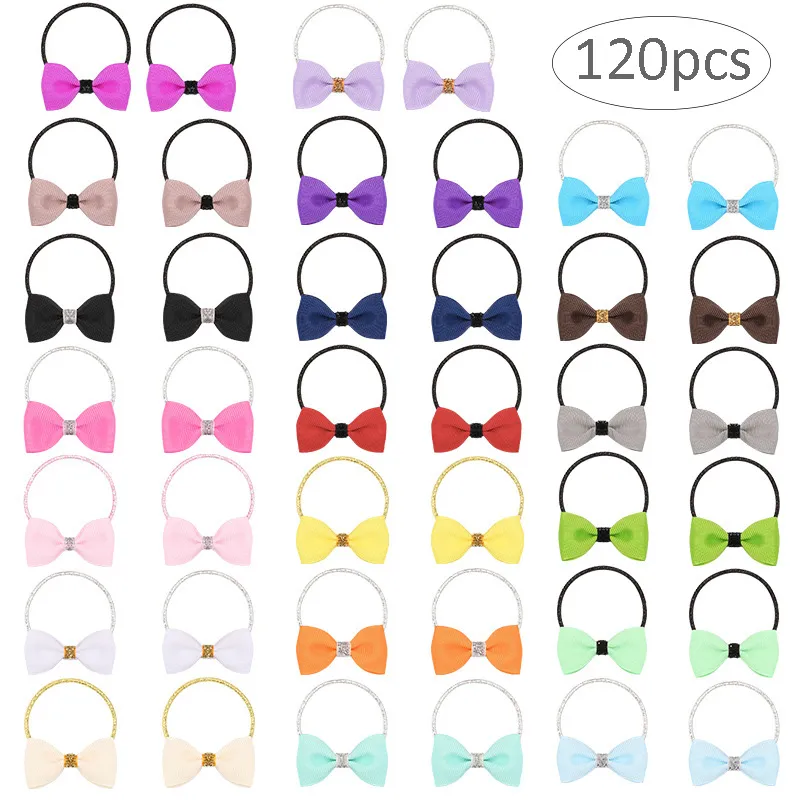 60pairs/120pcs Mini Ribbon Hair Bows Candy Color Elastic Hair Bands Rubber Gum Girls Rope Cute Kids Ponytail Holders