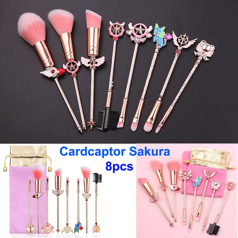 Pincéis de maquiagem conjunto sardcaptor sakura pincel cosmético marinheiro lua wand garota magia garoto rosa maquiagem kit rosa saco rosa