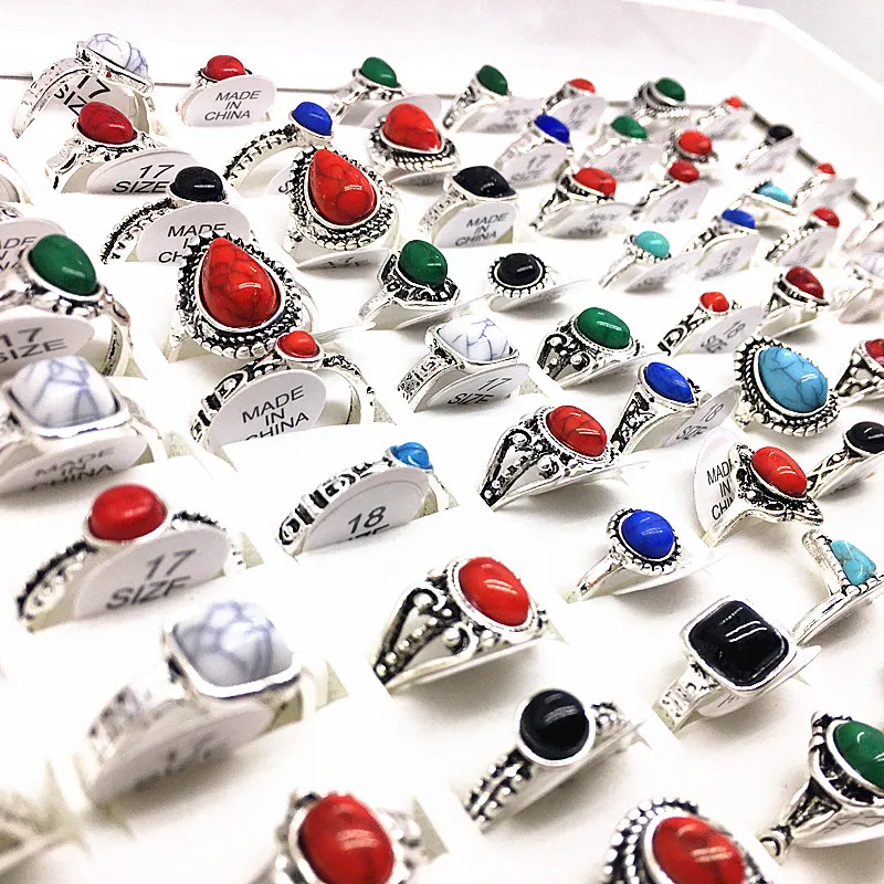 Partihandel 100st Kvinnors Ringar Böhmen Antik Silver Stone Finger Joint Ring Mix Styles Fashion Smycken Party Gifts Dropshipping