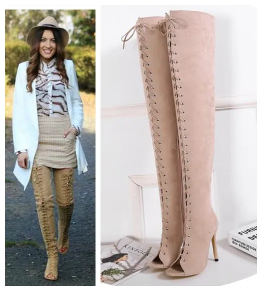 Sexiga Kvinnor Peep Toe Lace Up Over The Knee Lår High Boots Designer Skor Milan Fashion Size 34 till 40