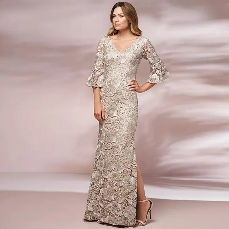 Champagner Meerjungfrau Spitze Mutter der Braut Kleider V-Ausschnitt Lange Ärmel Abendkleider Bodenlang Plus Size Side Split Hochzeit Gue227B