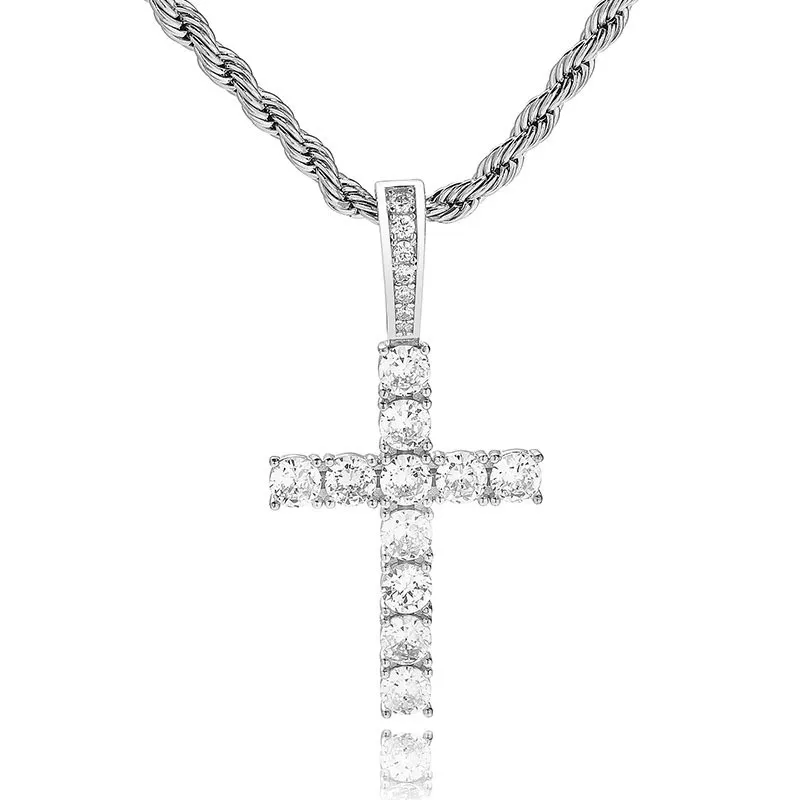 Luxury Designer 925 Sterling Silver Solid Back Cross Pendant Necklace Iced Out CZ Men Women Hypoallergenic Jewelry