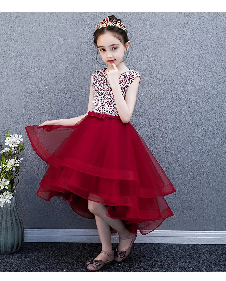 Burgundy Beaded High Lo Pageant Dresses For Little Girls Cap Sleeve Jewel  Bow Tulle Party Graduation Dress Kids Toddler First Communion Gown From  60,89  | DHgate