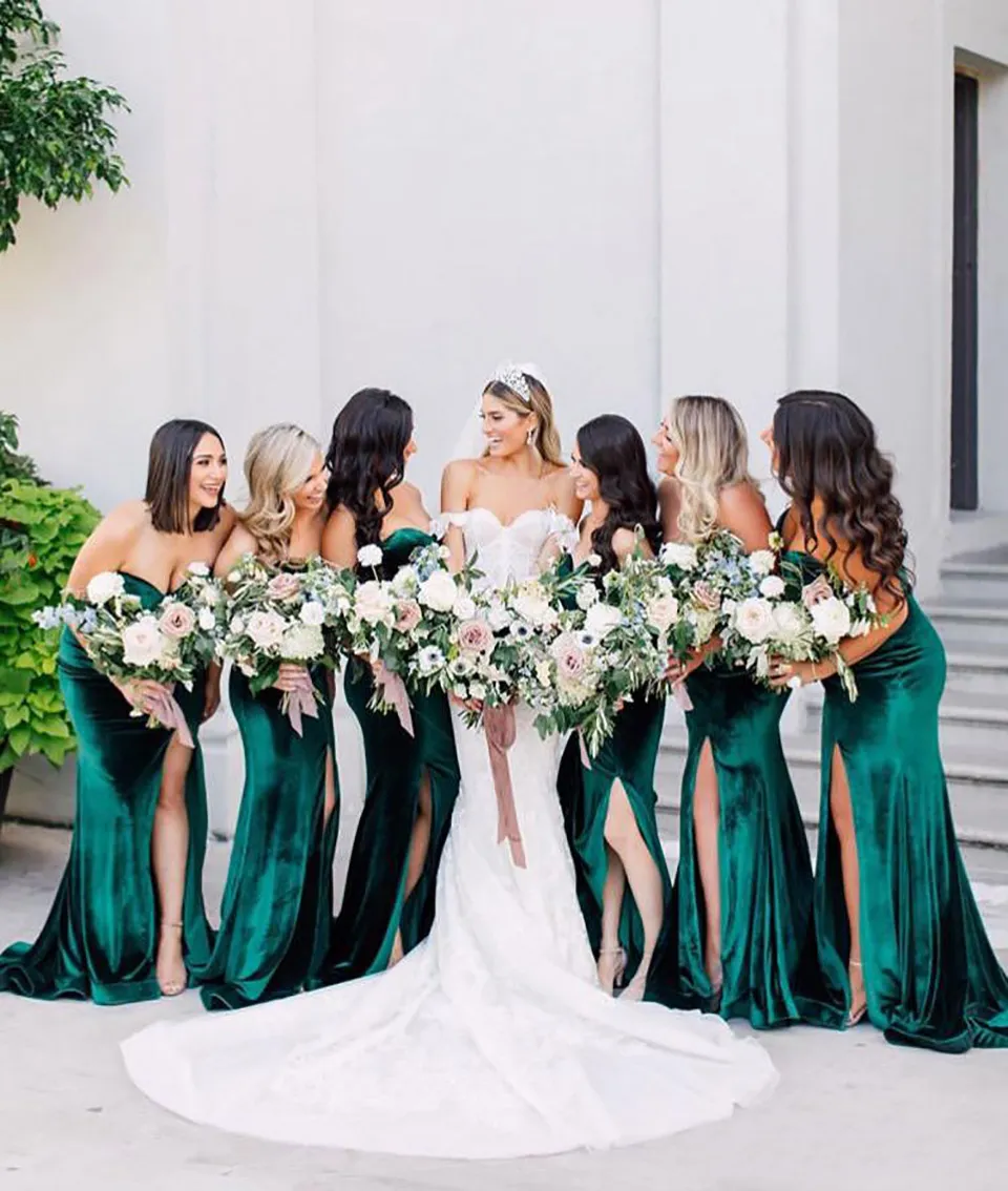 Green Velvet Long Bridesmaid Dresses Sweetheart Maid Of Honor Gowns High Thigh Slit Formal Wedding Guest Dresses Evening Dresses BD8997