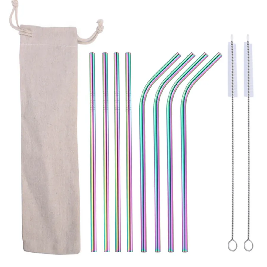 Metal Reusable Stainless Steel Straws Straight Bent Drinking Straw With Cleaning Brush Set Party Bar accessory JK2006XB